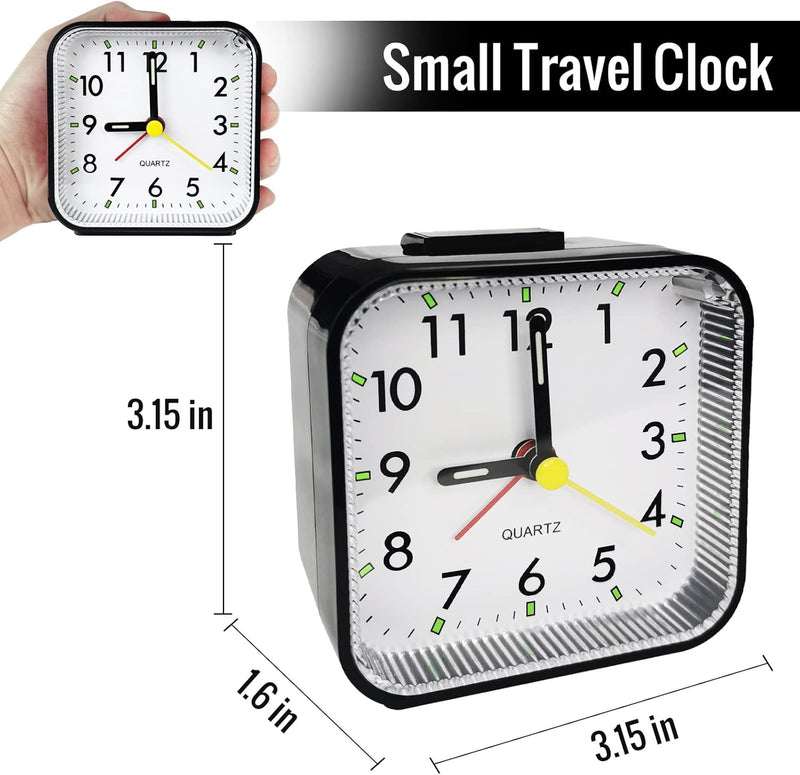 Silent Sweep Square Analog Alarm Clock – Battery Powered Non-Ticking with Snooze & Light
