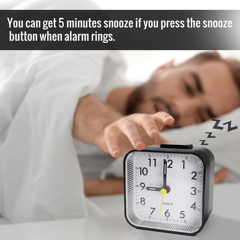 Silent Sweep Square Analog Alarm Clock – Battery Powered Non-Ticking with Snooze & Light