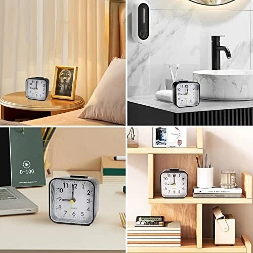 Silent Sweep Square Analog Alarm Clock – Battery Powered Non-Ticking with Snooze & Light