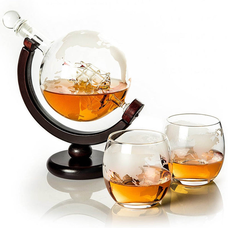 Globe Whiskey Decanter Set – 850ml Handcrafted Glass with 2 Globe Glasses
